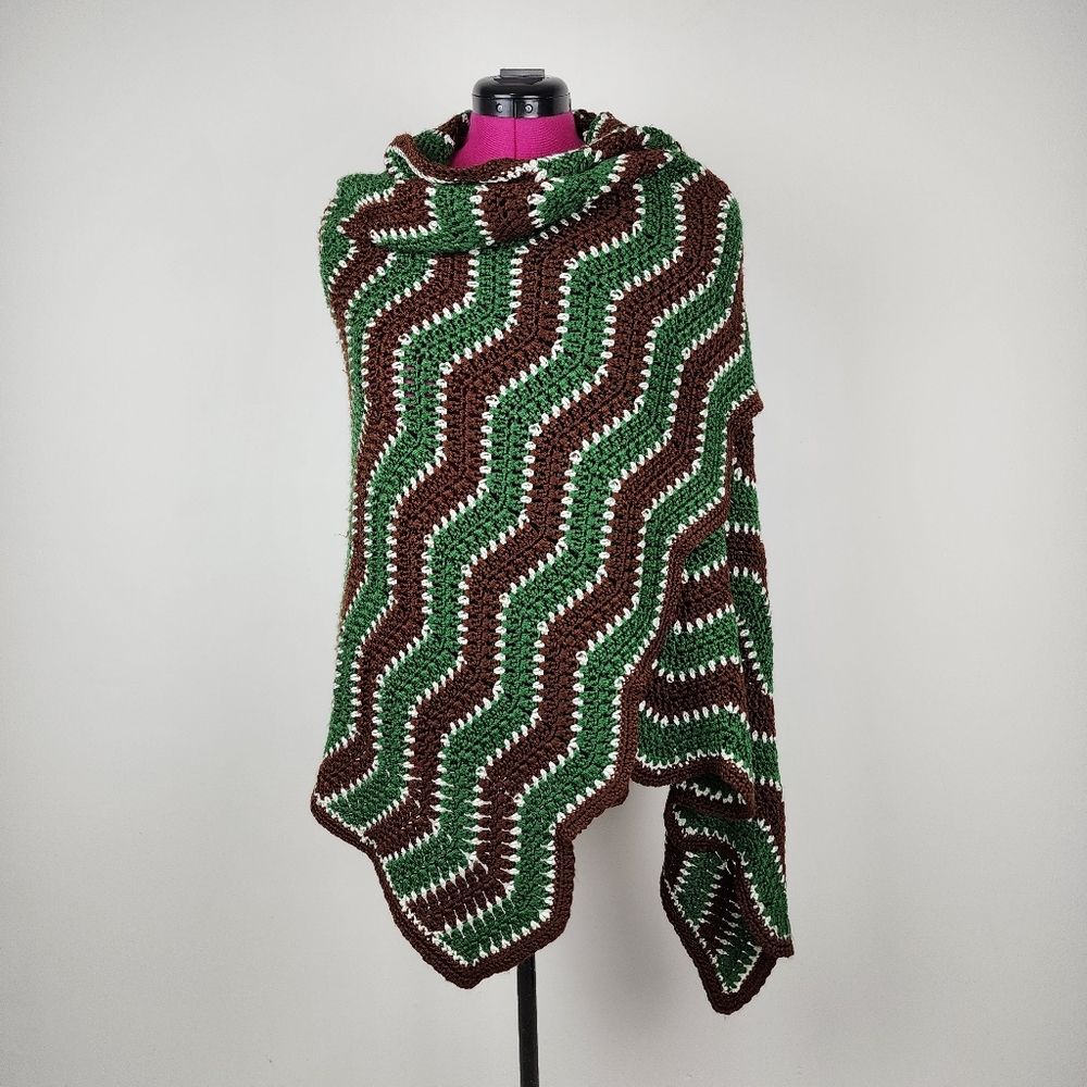 Handmade Crochet Throw Blanket Green Brown White Chevron Zigzag Scalloped Retro - Picture 15 of 16